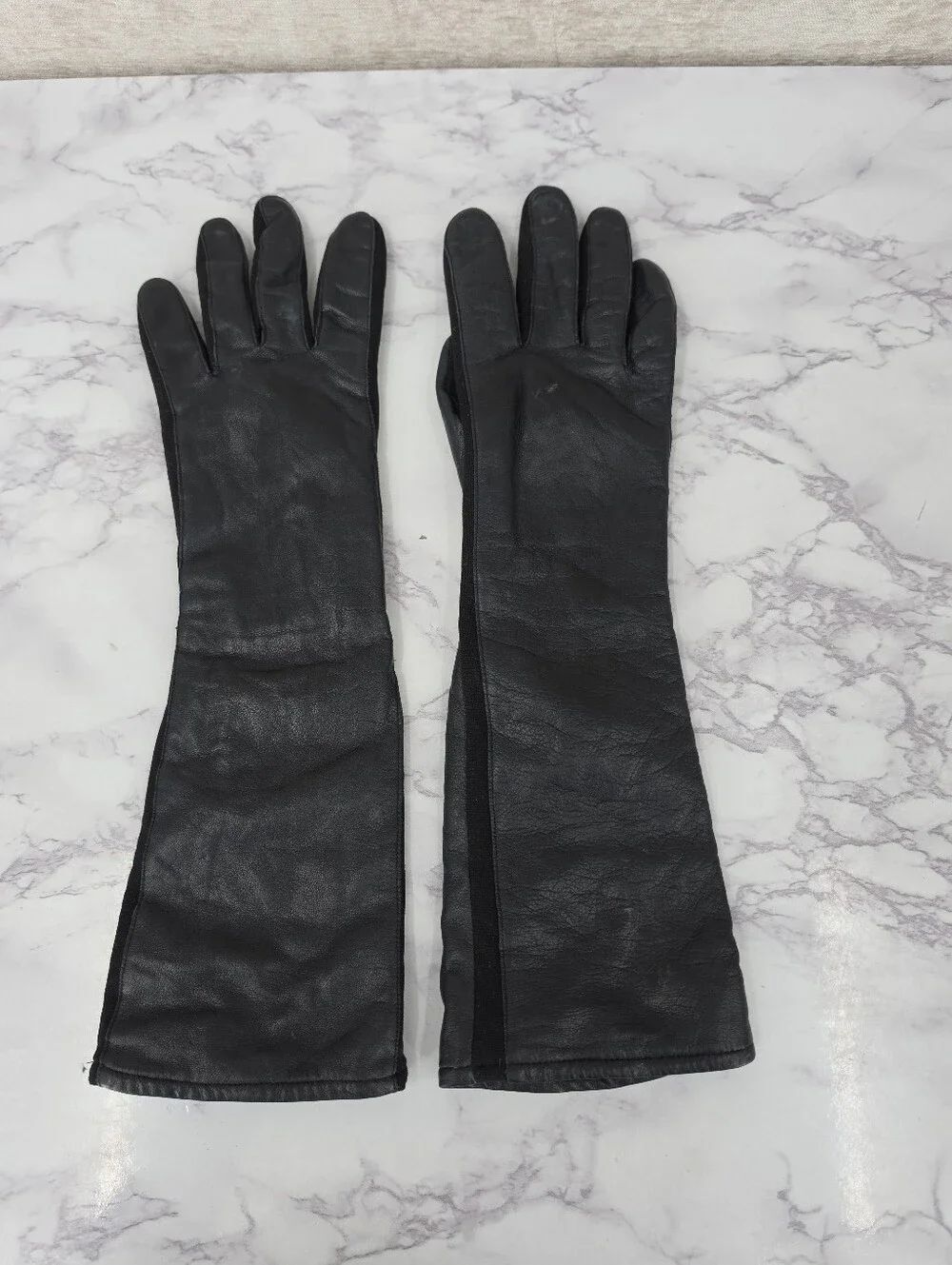 Fownes Long Black Leather Gloves with Nylin Stretch Contrast Dress Oprea